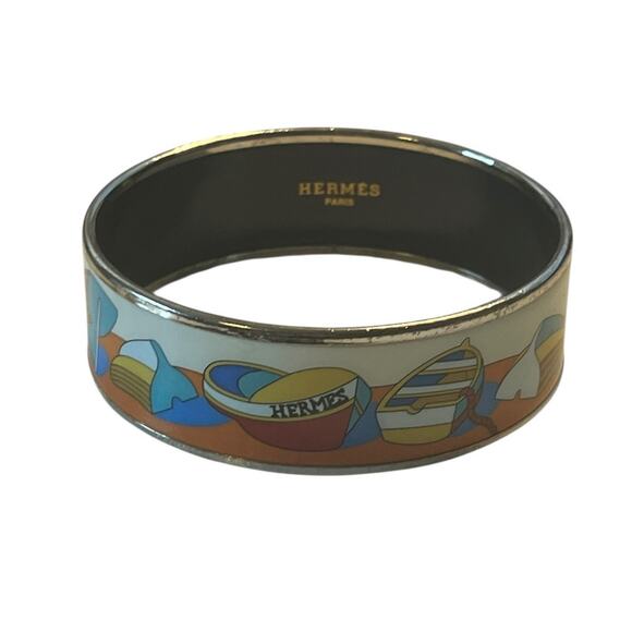 Hermès Thalassa Enamel Bangle Bracelet Silver Tone Wide White Blue Boat Design - Picture 1 of 12